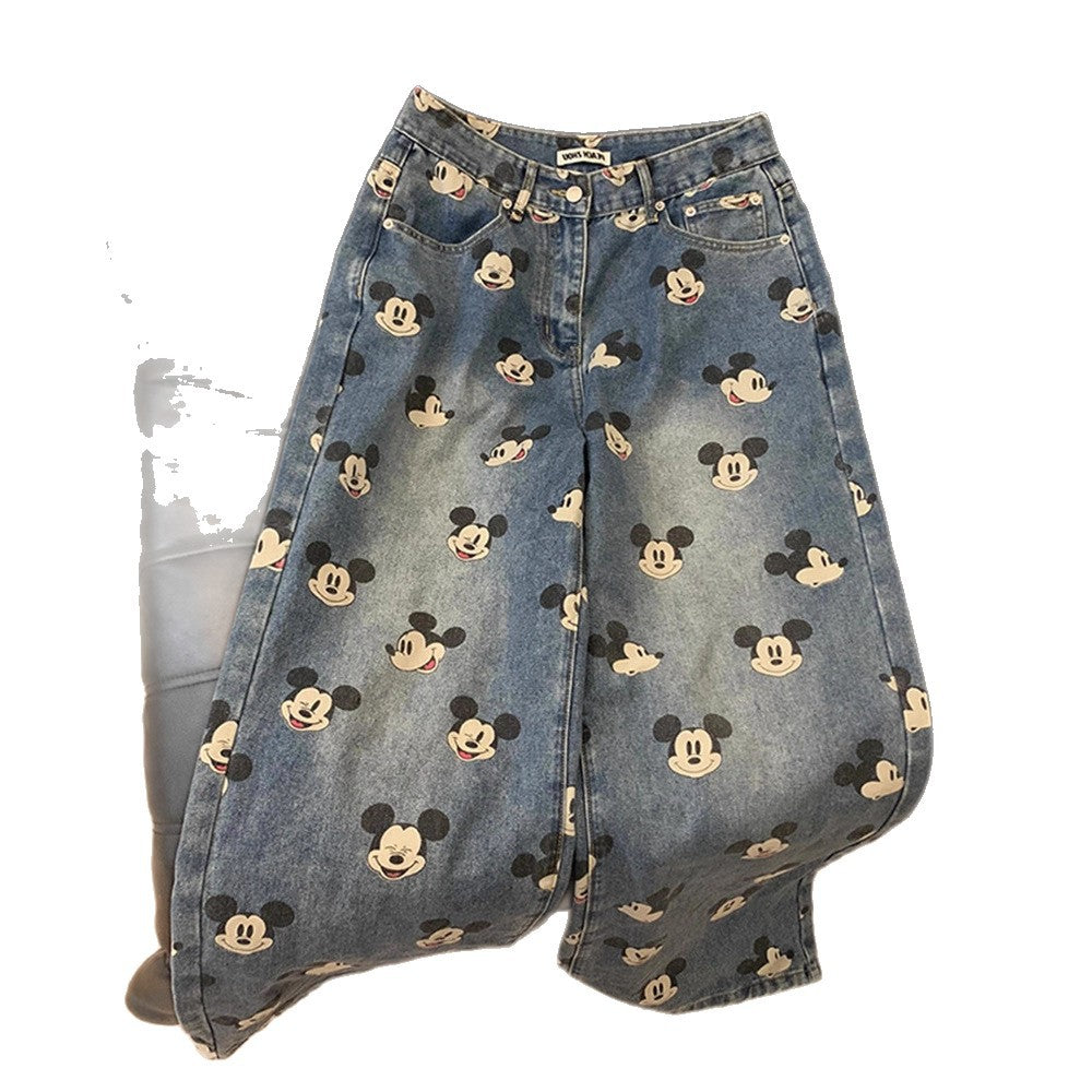 Cute Youthful Vintage Mickey Print High-Waisted Jeans for Men and Women, Loose Straight-Leg Casual Wide-Leg Pants