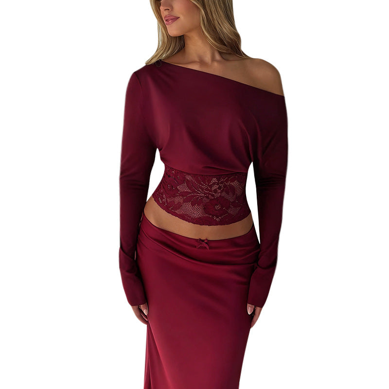 Sexy lace patchwork sloping shoulder top