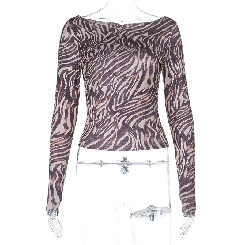 Zebra print long sleeved T-shirt sexy spicy girl slim fit top