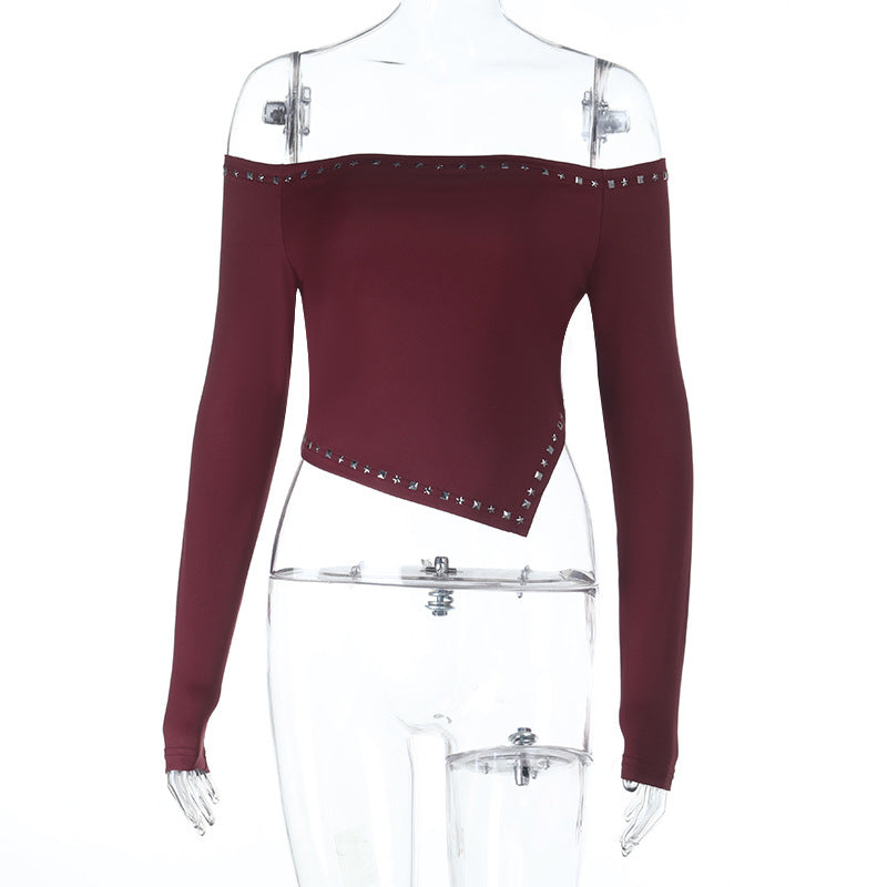 One shoulder rivet short slim fit spicy girl top for women