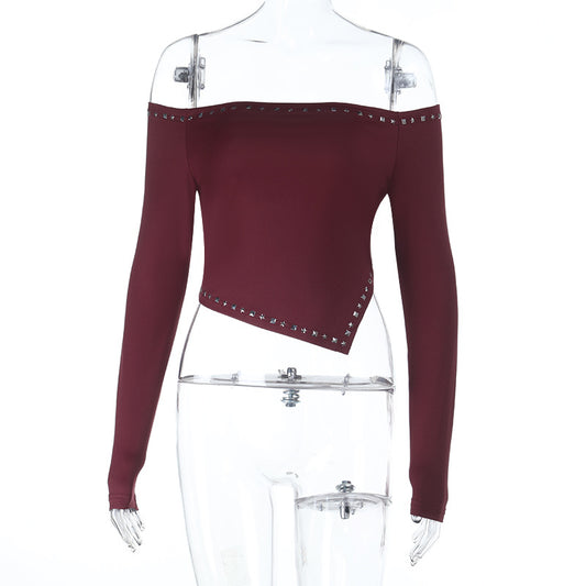 One shoulder rivet short slim fit spicy girl top for women