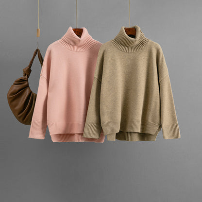 Loose fitting pullover high neck solid color sweater top for women