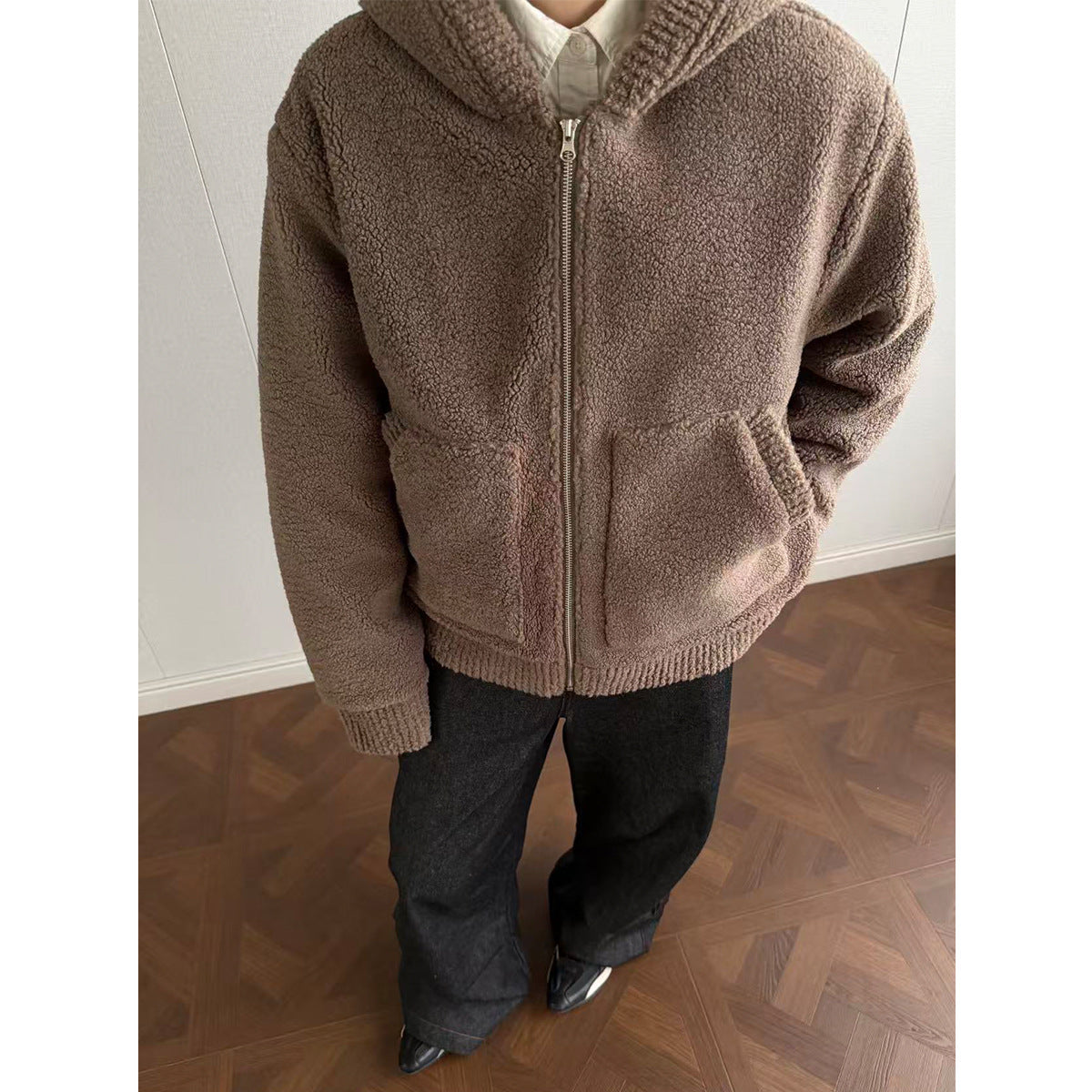 Lamb wool and velvet cotton coat hooded jacket