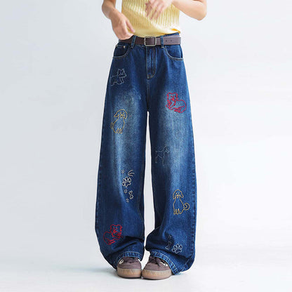 Dog Embroidered Wide Leg Jeans