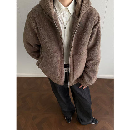 Lamb wool and velvet cotton coat hooded jacket