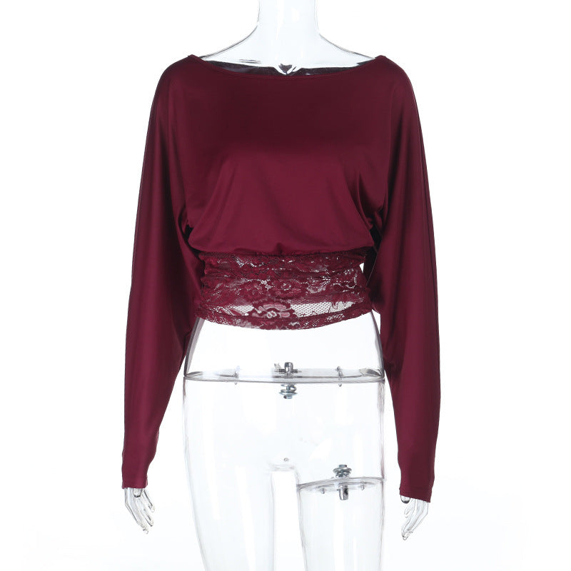 Sexy lace patchwork sloping shoulder top