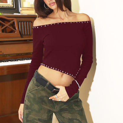 One shoulder rivet short slim fit spicy girl top for women