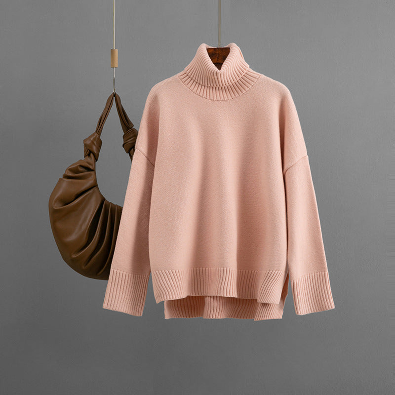 Loose fitting pullover high neck solid color sweater top for women
