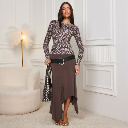 Zebra print long sleeved T-shirt sexy spicy girl slim fit top