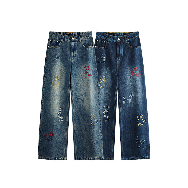 Dog Embroidered Wide Leg Jeans