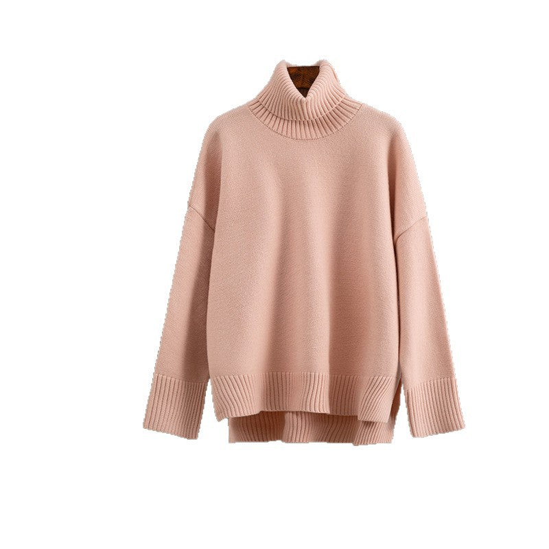 Loose fitting pullover high neck solid color sweater top for women